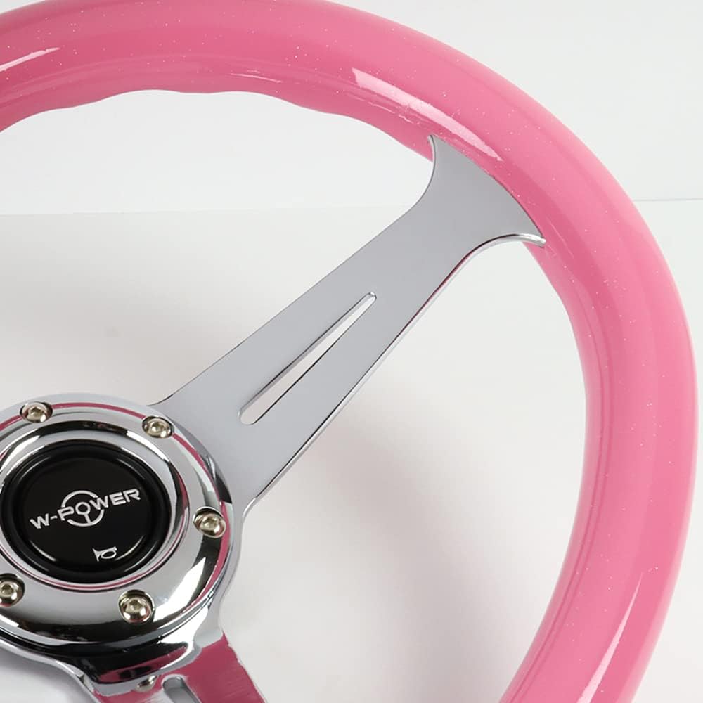 W-Power,13.5' Universal 343mm 6 Bolt Hole 3-Inche Deep Dish Aluminum Polished Heart-Shaped with Wood Grip Steering Wheel, Black Horn Button JDM Euro VIP Style, 3-Spoke (Pink)