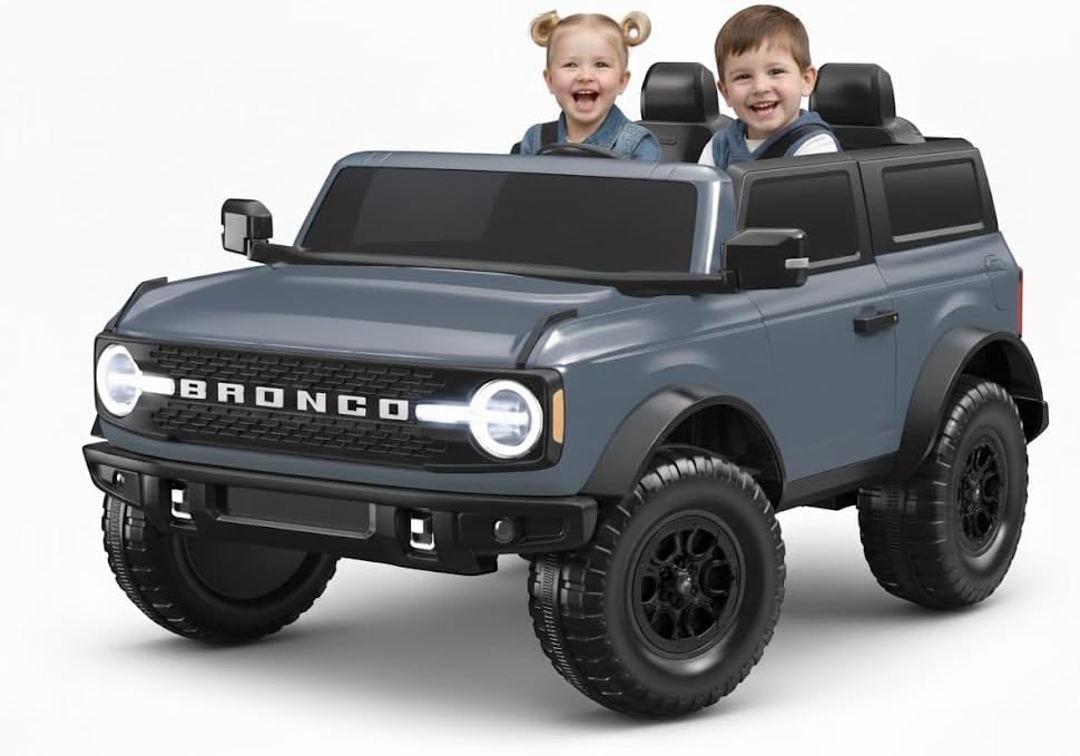 Kid Trax 12V Ford Bronco Ride-On Toy for Ages 3-7, Battery Powered, LED Headlights, FM Radio, MP3, Horn, 2-Seater, Max Weight 130 lb, 2 Speeds, Electric Car for Kids, Kids Ride on Toys, No Remote