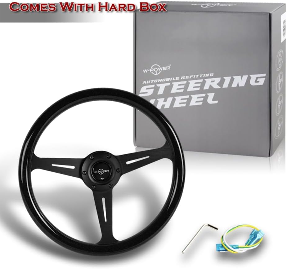 W-Power, 14' Universal 350mm 6 Bolt Hole Aluminum Polished 'Galaxy' Wood Grain Trim Steering Wheel, 3-Spoke, Black Horn Button JDM VIP Style (Black Sparkled Wood Grip - Black Center)