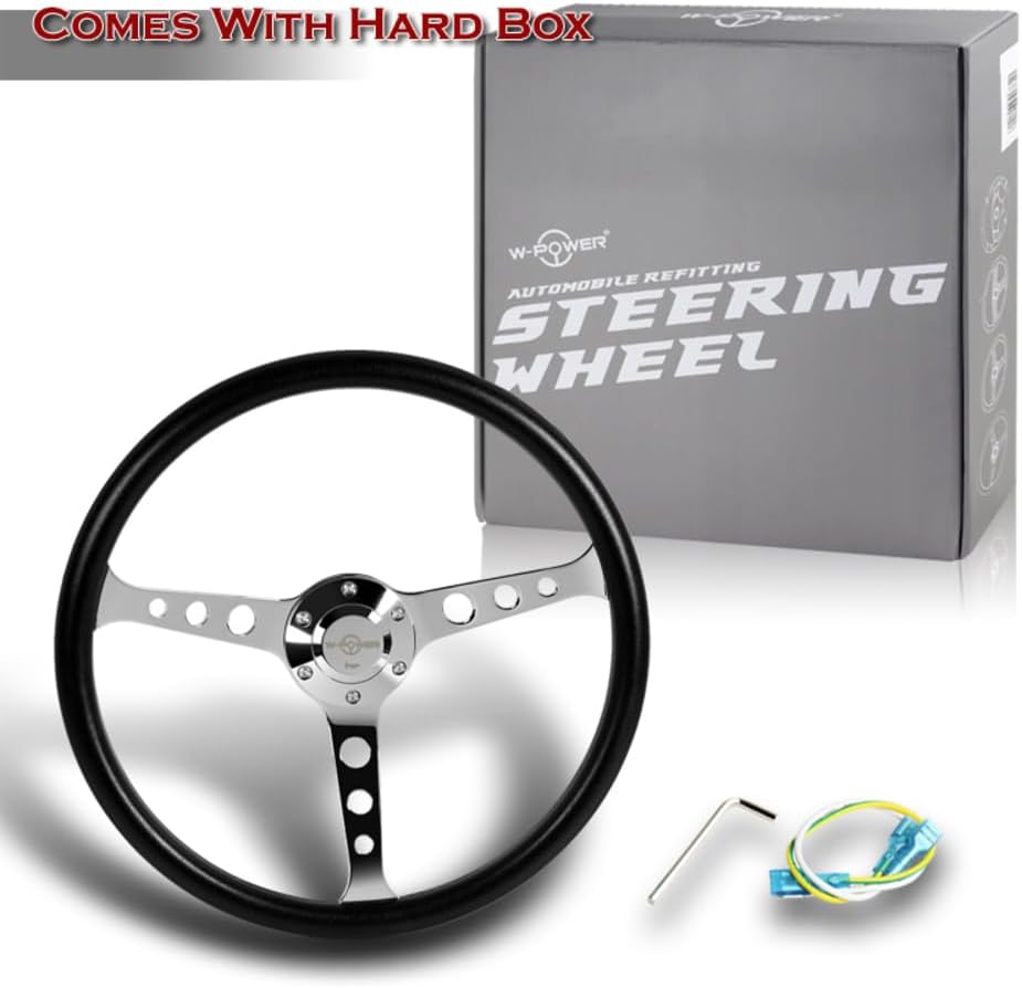 W-Power, 15' Reinforced 380mm 6 Bolt Hole Aluminum Finised Black Vinyl Wrap Trim Steering Wheel, Chrome Horn Button JDM Euro VIP Style, 3' Deep (Black Vinyl Wrap/Chrome Spoke)