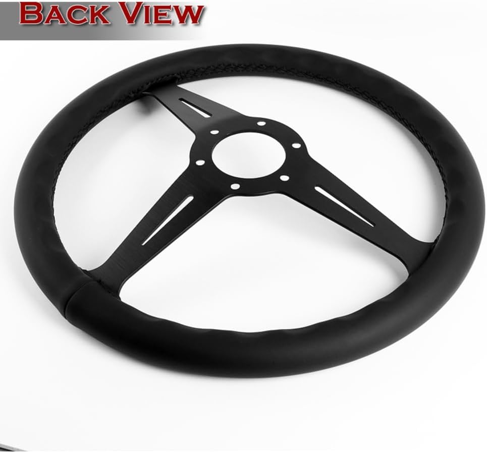 W-Power, 14' Universal 350mm 6 Bolt Hole Aluminum Polished 'Galaxy' Wood Grain Trim Steering Wheel, 3-Spoke, Black Horn Button JDM VIP Style (Black Leather Grip - Black Center)