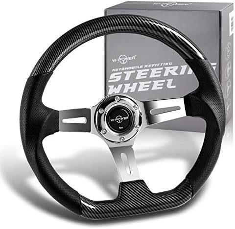 W-Power, 13.5' Universal 343mm 6 Bolt Hole Deep Dish Carbon Fiber Wood with Aluminum Polished Black Leather Grip Steering Wheel, Black Horn Button JDM Euro VIP Style, Silver 3-Spoke