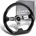 W-Power, 13.5' Universal 343mm 6 Bolt Hole Deep Dish Carbon Fiber Wood with Aluminum Polished Black Leather Grip Steering Wheel, Black Horn Button JDM Euro VIP Style, Silver 3-Spoke