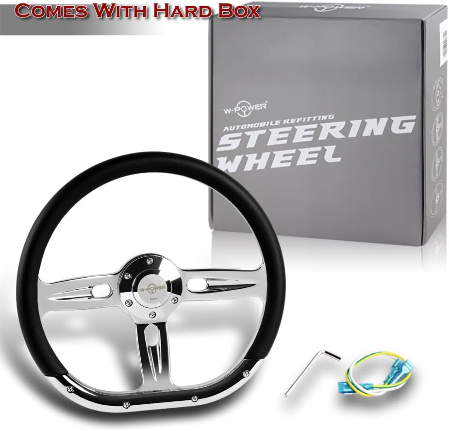 W-Power, 14' Universal 350mm 6 Bolt Hole Aluminum Polished Vinyl Wrap Leather Trim Steering Wheel, Chrome Horn Button JDM Euro VIP Style, 2' Deep (Black Vinyl Wrap Leather)