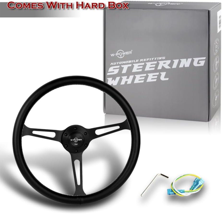 W-Power, 15' Reinforced 380mm 6 Bolt Hole Aluminum Finised Black Wood Grain Trim Steering Wheel, Black Horn Button JDM Euro VIP Style, 3' Deep (Black Leather/Matt Black Spoke)