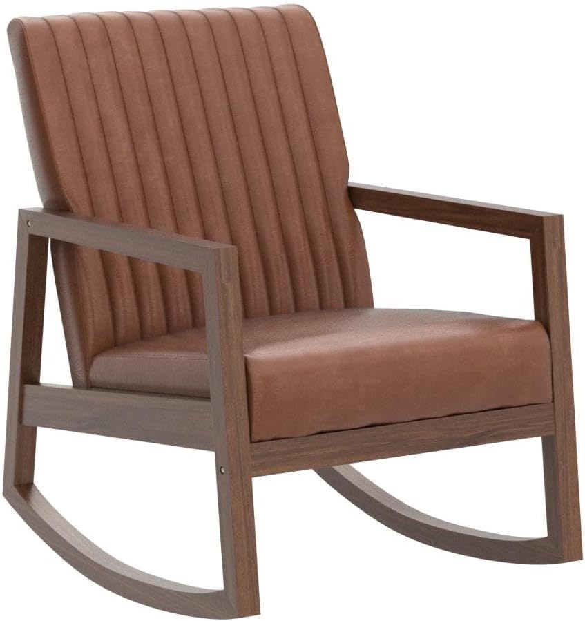 CIMOTA Leather Modern Rocking Chair Mid Century Armchair Upholstered Arm Chair with Padded Seat/Wood Frame, Comfy Rocker for Living Room/Bedroom, Retro Brown PU