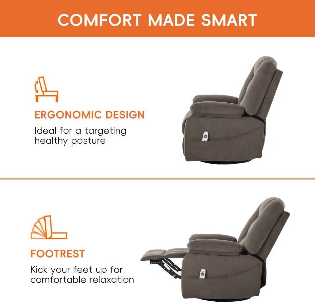 Ketaiyou Power Swivel Rocker Recliner with Massage and Heat, USB and Type-C Port, Infinite Position, Electric Glider Rocking Chairs Living Room, Soft Fabric Reclining Sofa Chair (Velvet Brown)