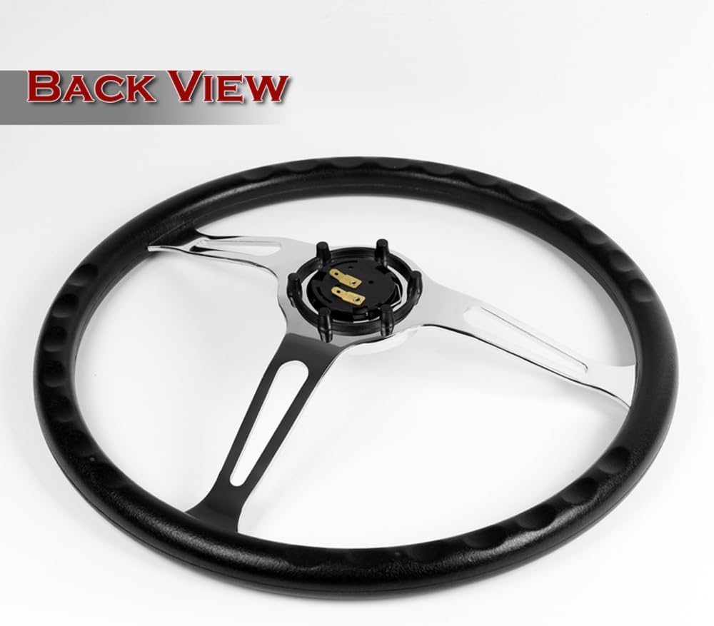 W-Power, 15' Reinforced 380mm 6 Bolt Hole Aluminum Finised Black Vinyl Wrap Trim Steering Wheel, Chrome Horn Button JDM Euro VIP Style, 3' Deep (Black Vinyl Wrap/Chrome Spoke)