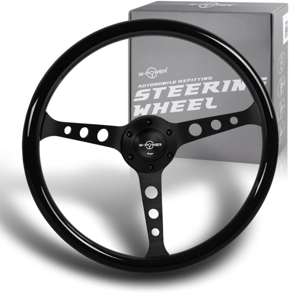 W-Power 15' Reinforced 380mm 6 Bolt Hole Aluminum Finished Wood Grain Trim Steering Wheel, Black Horn Button JDM Euro VIP Style, 3' Deep (Wood Grain/Matt Black Spoke)