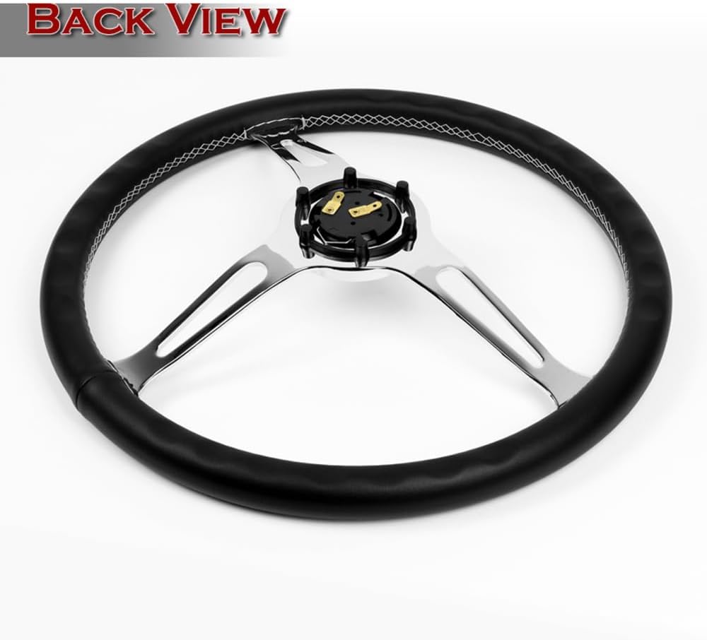 W-Power, 15' Reinforced 380mm 6 Bolt Hole Aluminum Finised Black Wood Grain Trim Steering Wheel, Black Horn Button JDM Euro VIP Style, 3' Deep (Black Leather/Chrome Spoke)