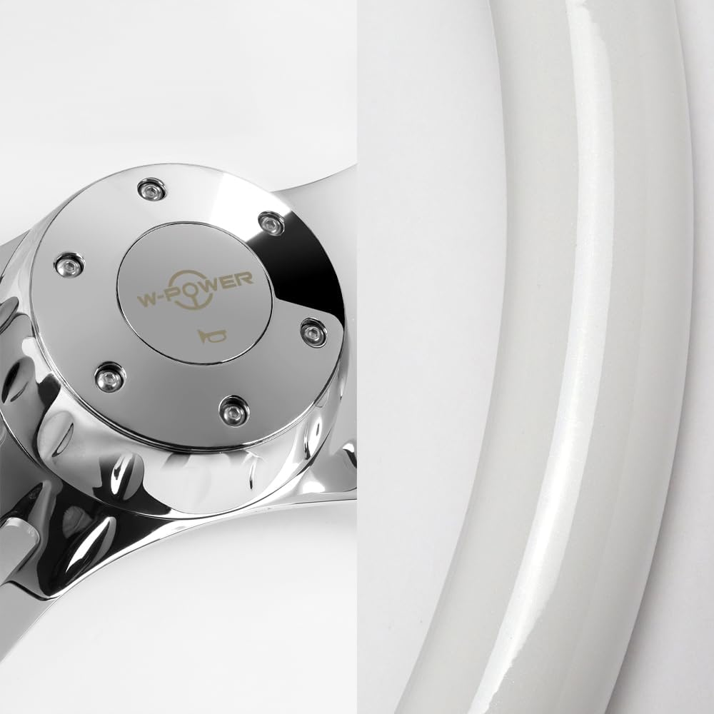W-Power, 18' Universal 457mm 5 Bolt Hole 2 Inches Deep with Aluminum Polished Vintage Style Wood Grip Steering Wheel, Chrome Horn Button, 4 Spoke (White Wood Grip/Chrome Spoke)