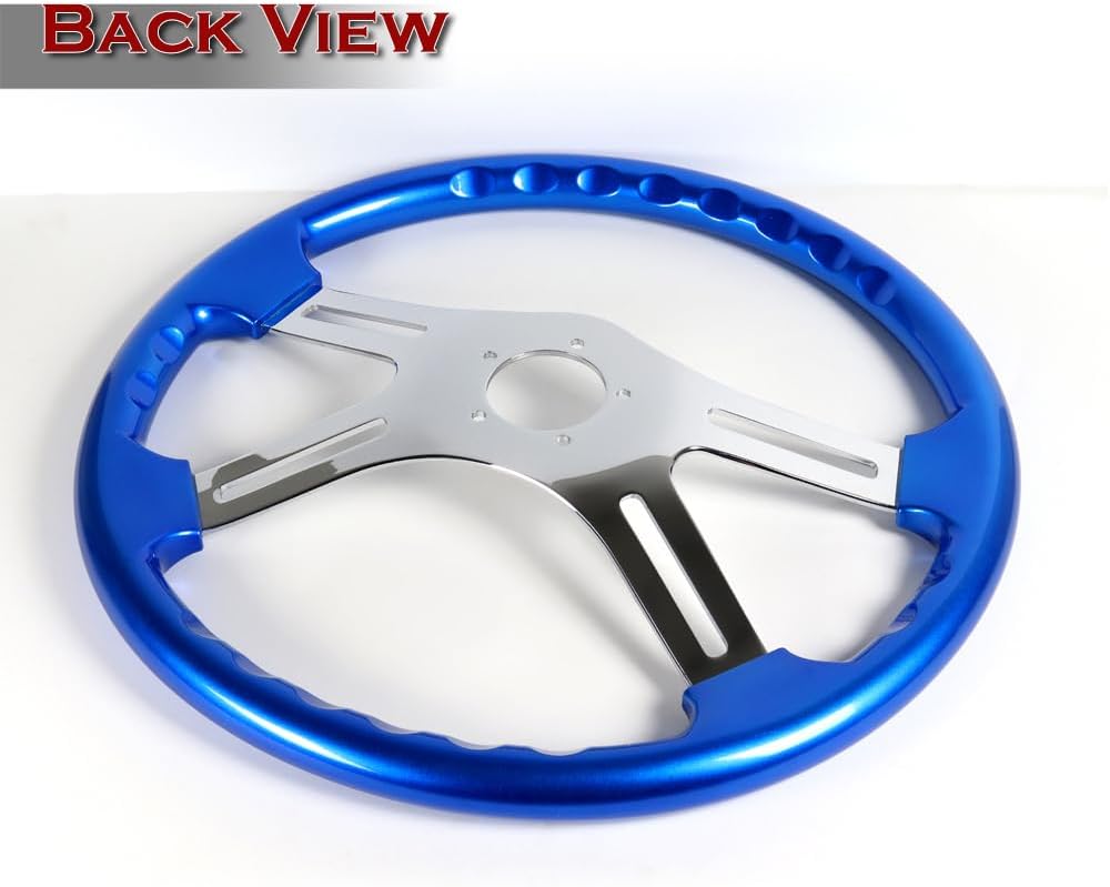 W-Power, 18' Universal 457mm 5 Bolt Hole 2 Inches Deep with Aluminum Polished Vintage Style Wood Grip Steering Wheel, Chrome Horn Button, 4 Spoke (Blue Wood Grip/Chrome Spoke)