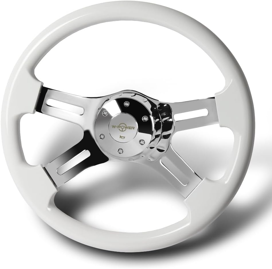 W-Power, 16' Universal 406mm 5 Bolt Hole 2 Inches Deep with Aluminum Polished Vintage Style Wood Grip Steering Wheel, Chrome Horn Button (White Wood Grip/Chrome Spokes)
