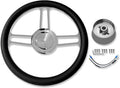 Chrome 14' Billet Aluminum 9 Holes Steering Wheel Tri Spoke Style with Black Leather Half Wrap & Smooth Horn Button & Adapter