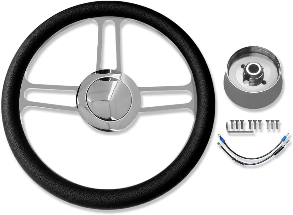 Chrome 14' Billet Aluminum 9 Holes Steering Wheel Tri Spoke Style with Black Leather Half Wrap & Smooth Horn Button & Adapter