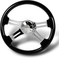 W-Power, 18' Universal 457mm 5 Bolt Hole 2 Inches Deep with Aluminum Polished Vintage Style Wood Grip Steering Wheel, Chrome Horn Button, 4 Spoke (Black Wood Grip/Chrome Spoke)