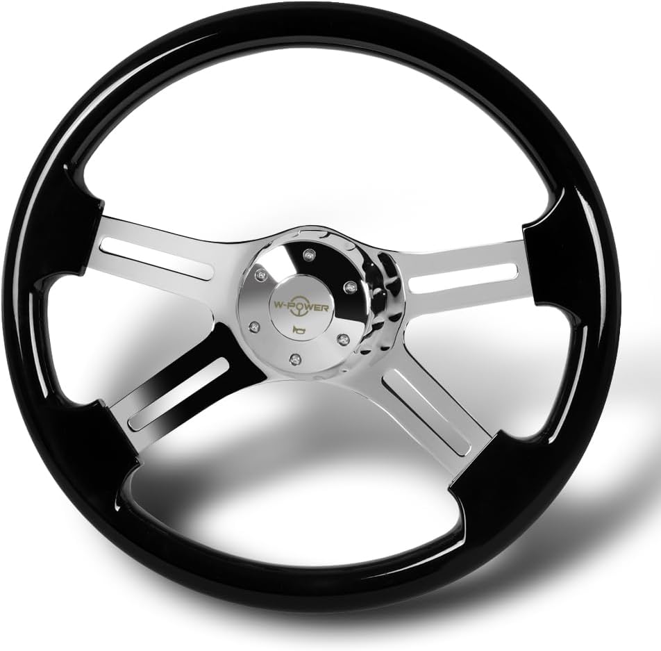 W-Power, 18' Universal 457mm 5 Bolt Hole 2 Inches Deep with Aluminum Polished Vintage Style Wood Grip Steering Wheel, Chrome Horn Button, 4 Spoke (Black Wood Grip/Chrome Spoke)