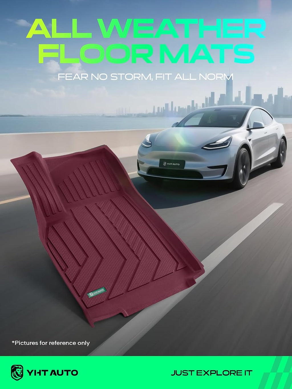YHTAUTO Floor Mats Compatible with Tesla Model Y Juniper 2025 2026 (5-Seat), TPE Floor Liners All Weather Custom Fit, 1st & 2nd Row, Set of 3, Red