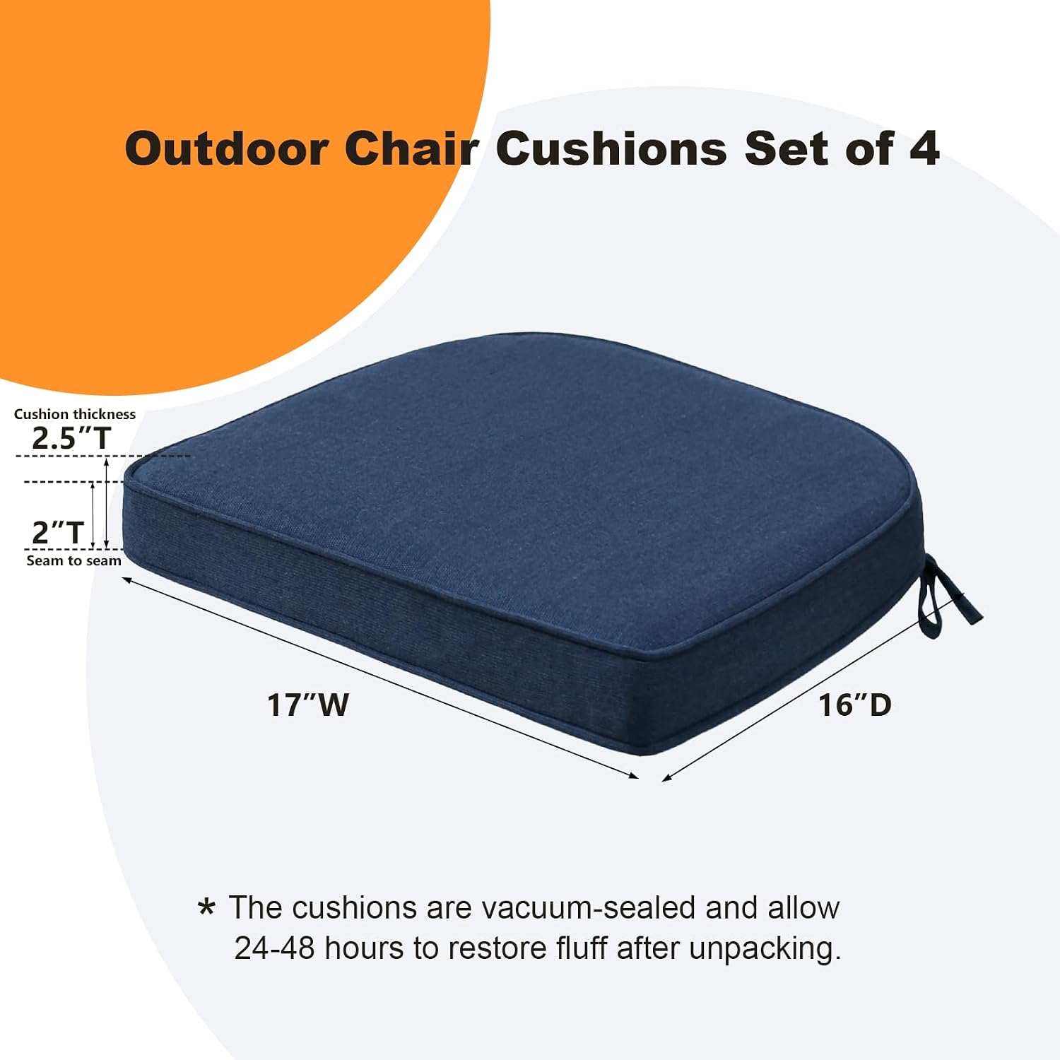 Unimatta Sunbrella Round Corner Seat Cushions, 17' x 16' x 2', Set of 4, Indoor Outdoor Water Repellent Universal Chair Pads with Ties for Patio Furniture, Garden Dining Chairs, Specrtum Indigo