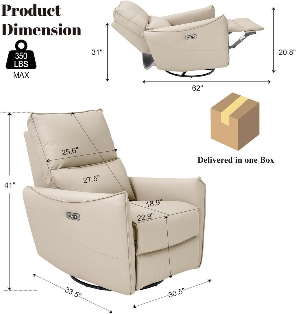 Recliner Sofa Rocking Chair Swivel Power Reclining Adjustable 360 Degree Spinning with Ergonomics Lumbar Support Natural Leather for Home Theater Seating Living Room, Bedroom, Nursery, Beige