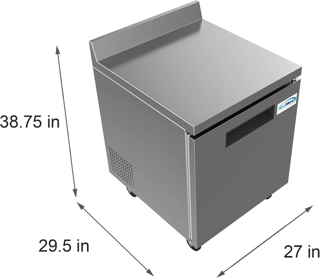 KoolMore 27' Stainless Steel Worktop Commercial Refrigerator with 3 1/2 Backsplash - 6.3 cu.ft, RWT-1D-6C