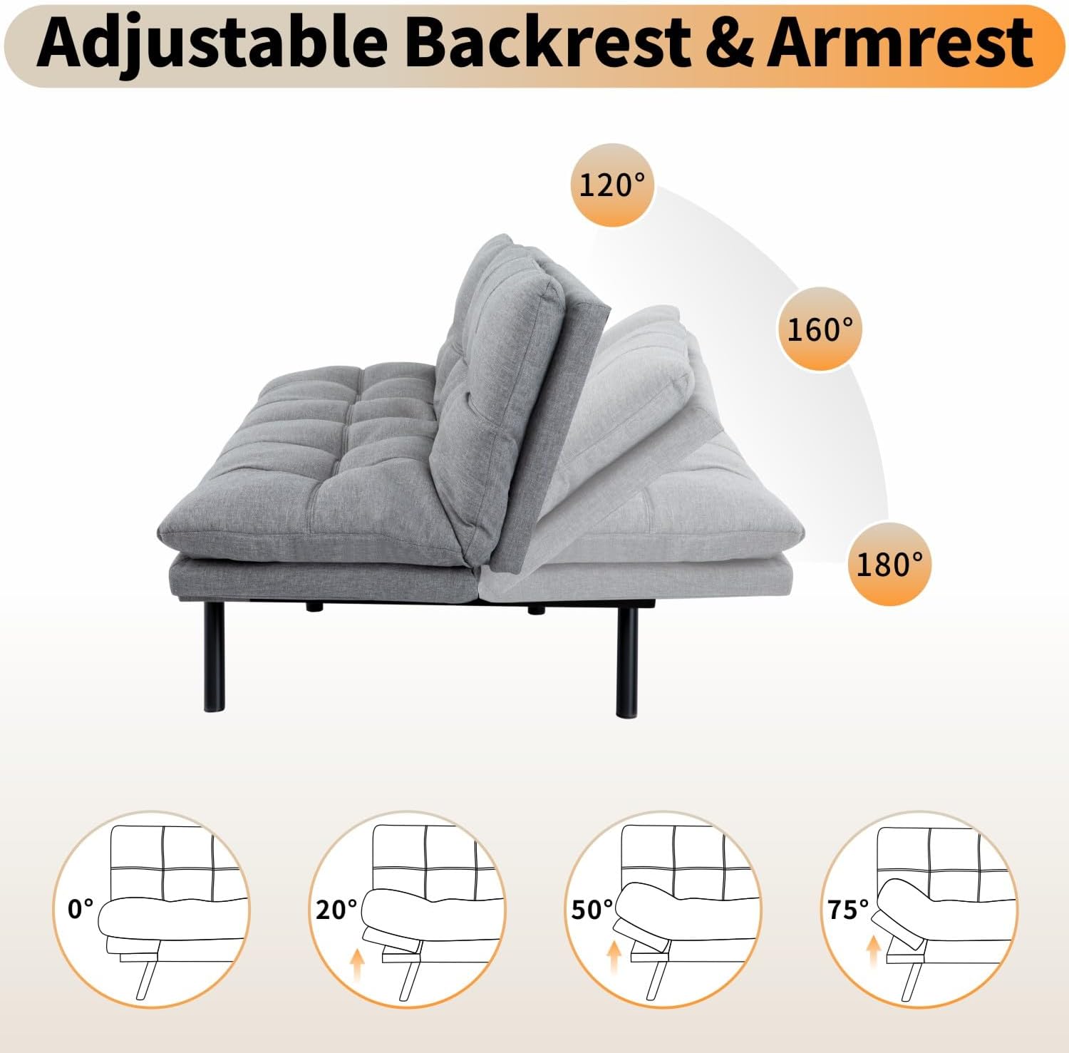 MUUEGM 71' Futon Sofa Bed, Cozy Convertible Loveseat Sleeper, Linen Fabric Couch with Adjustable Back & Arms for Living Room, Guest Room - Ash Gray