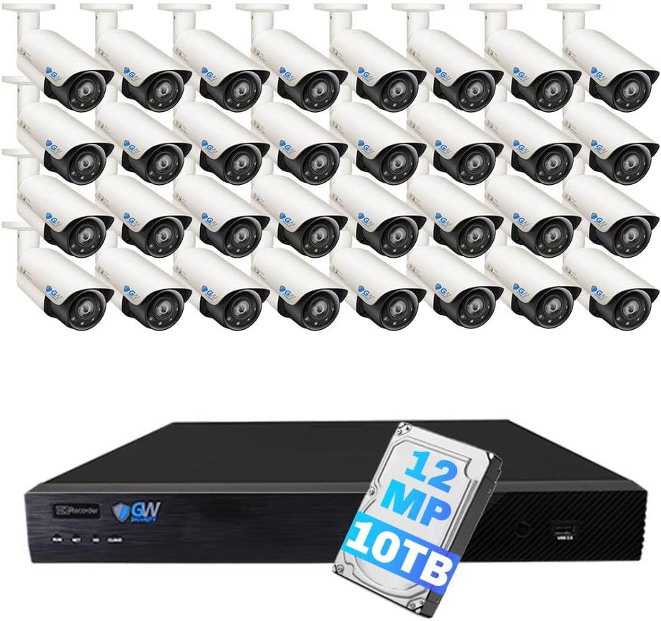 GW Security 32 Channel UltraHD 6K 12MP @ 30FPS Realtime Face Recognition PoE Security Camera System with 32 x 12MP Full-Time Color Night Vision Outdoor/Indoor Smart AI Bullet Cameras, 10TB Hard Drive
