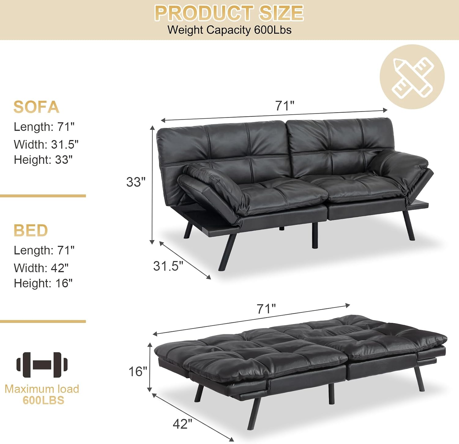 MUUEGM Futon Convertible Sofa Bed, Memory Foam Sleeper Couch,Modern Loveseat for Living Room,Adjustable Armrests Backrest Sofabed,Matte Black,Faux Leather.