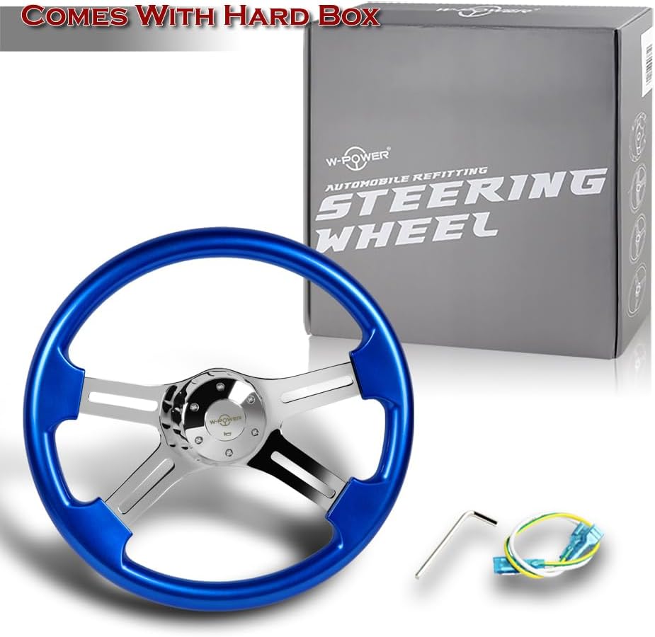 W-Power, 18' Universal 457mm 5 Bolt Hole 2 Inches Deep with Aluminum Polished Vintage Style Wood Grip Steering Wheel, Chrome Horn Button, 4 Spoke (Blue Wood Grip/Chrome Spoke)