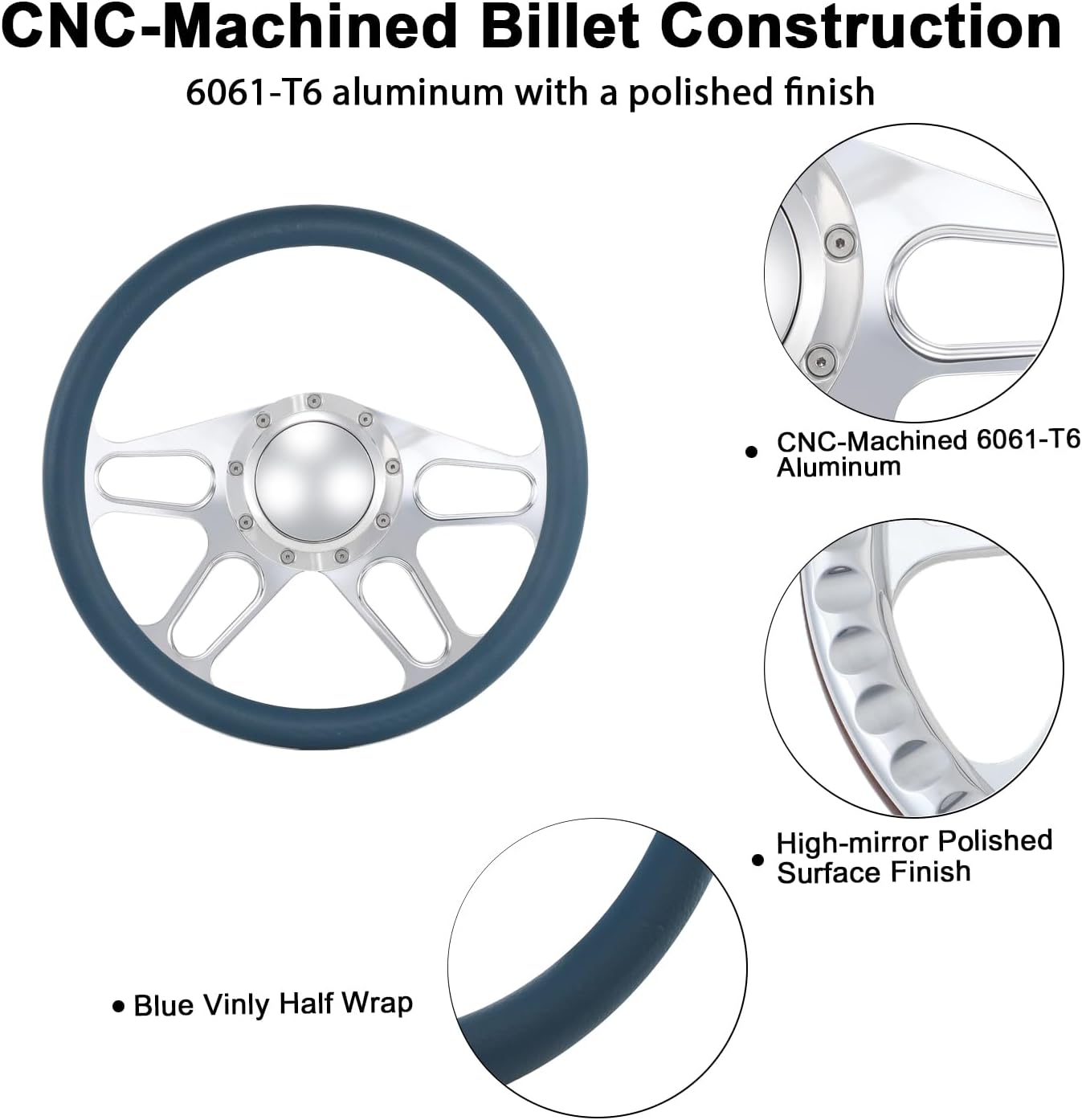 14'' Billet 4-Slot Half Wrap 9 Bolts Steering Wheel with 2'' Dish and Horn Button Compatible with Chevy, Ford, GM (Blue)