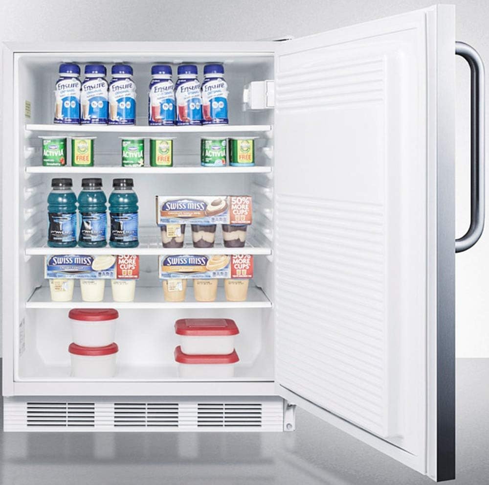 Summit Appliance FF7LWBISSTBADA ADA Compliant Built-in Undercounter All-Refrigerator for General Purpose Use with Auto Defrost, Lock, Stainless Steel Door, Towel Bar Handle and White Cabinet