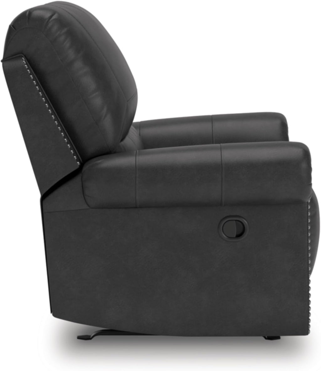 Signature Design by Ashley Shadsburne Classic Faux Leather Manual Rocker Swivel Glider Recliner with Nailhead Trim, Reinforced Frame and Metal Seat Box, 360-Degree Swivel, Black