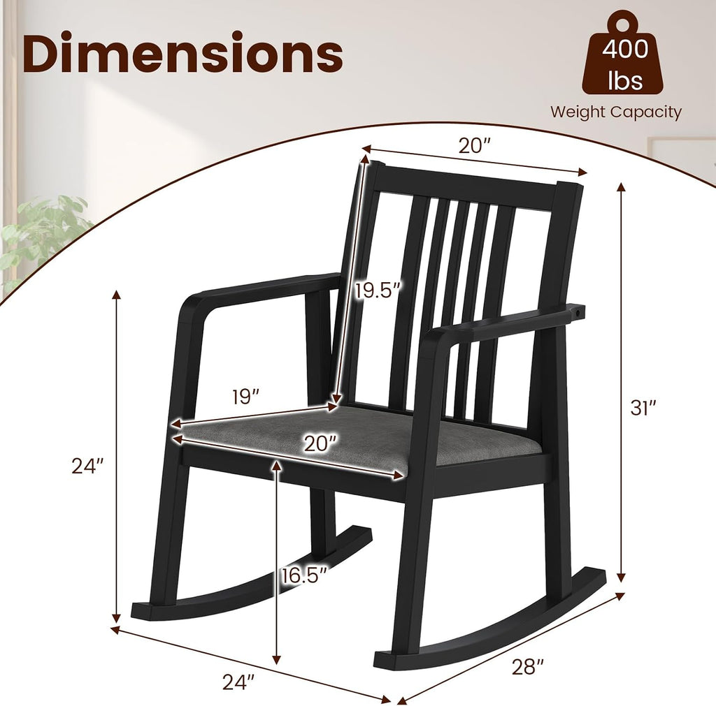 Giantex Rocking Chair with Cushioned Seat, Indoor Solid Rubber Wood Rocker Chair w/Slatted Back & Curved Armrests, Wooden Accent Armchair for Living Room, Bedroom, Study, Porch (2,Black + Gray)