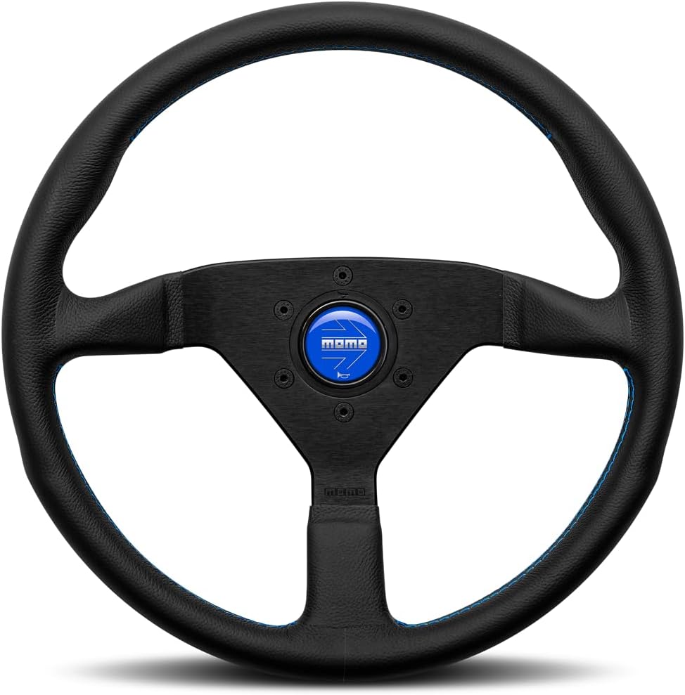 MOMO Motorsport Montecarlo Street Steering Wheel, Black Leather Grip, Brushed Black Anodized Spoke Finish, Blue Stitching, 350mm