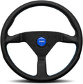 MOMO Motorsport Montecarlo Street Steering Wheel, Black Leather Grip, Brushed Black Anodized Spoke Finish, Blue Stitching, 350mm