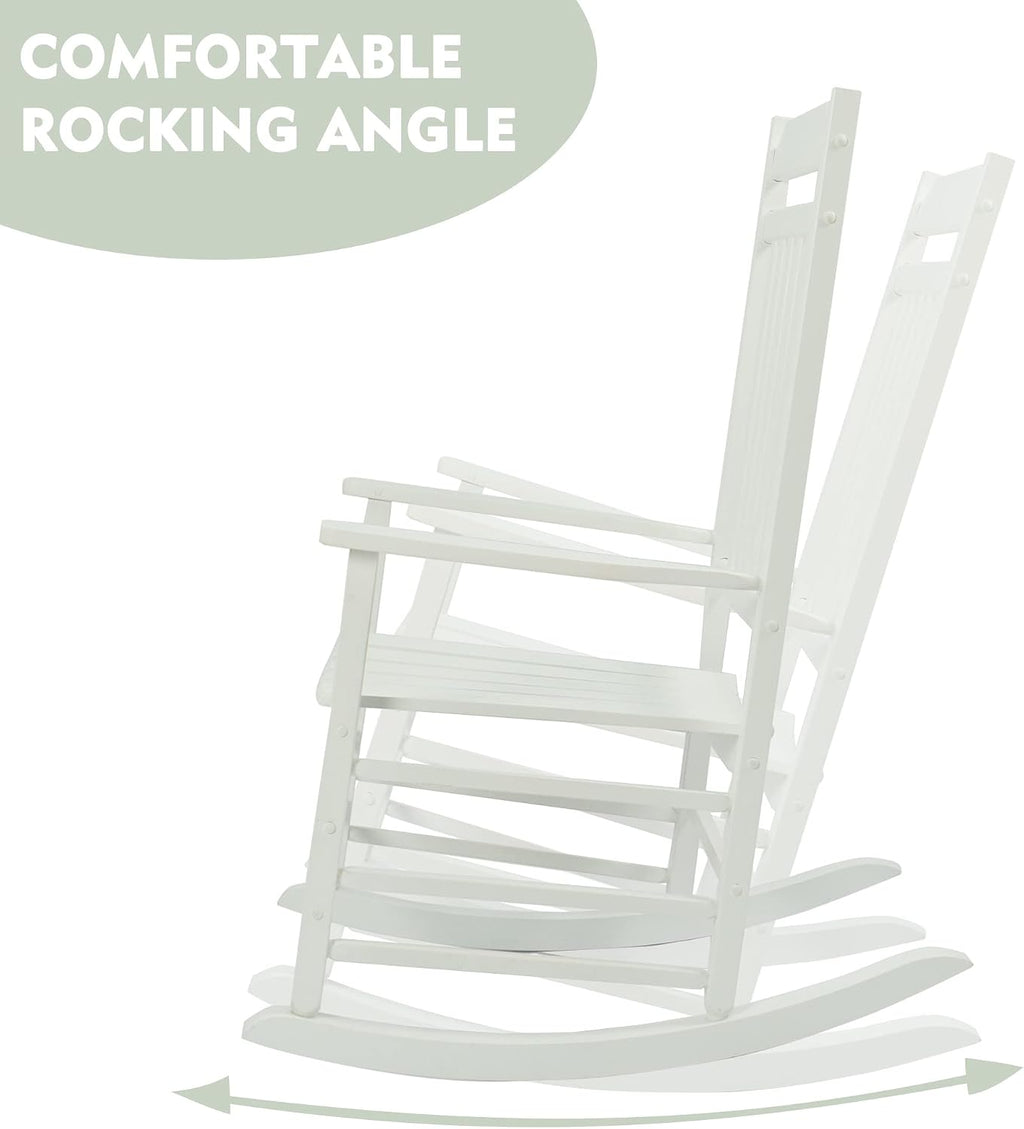 Kozyard Wooden Rocking Chair, Solid Wood Outdoor Rocker Chair with High Back & Slatted Seat, Ergonomic Porch Rocking Chair for Patio, Balcony, Garden, Indoor Outdoor Use (White)