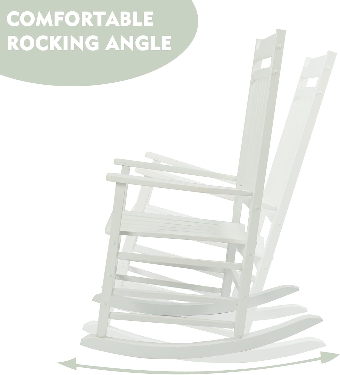 Kozyard Wooden Rocking Chair, Solid Wood Outdoor Rocker Chair with High Back & Slatted Seat, Ergonomic Porch Rocking Chair for Patio, Balcony, Garden, Indoor Outdoor Use (White)