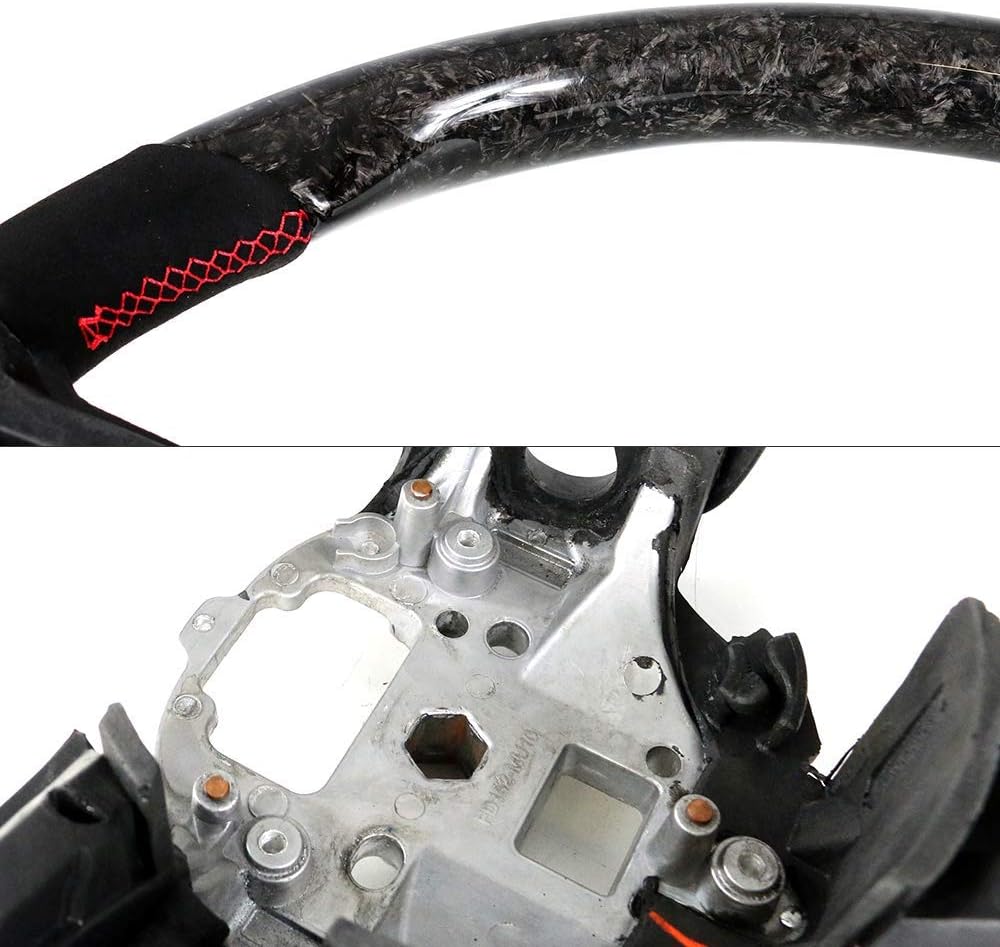 IKON MOTORSPORTS, Steering Wheel Compatible With 2010-2014 Ford Mustang, Forged Carbon Fiber & Synthetic Suede Steering Wheel Brushed Kit With Red Stitching, 2011 2012 2013