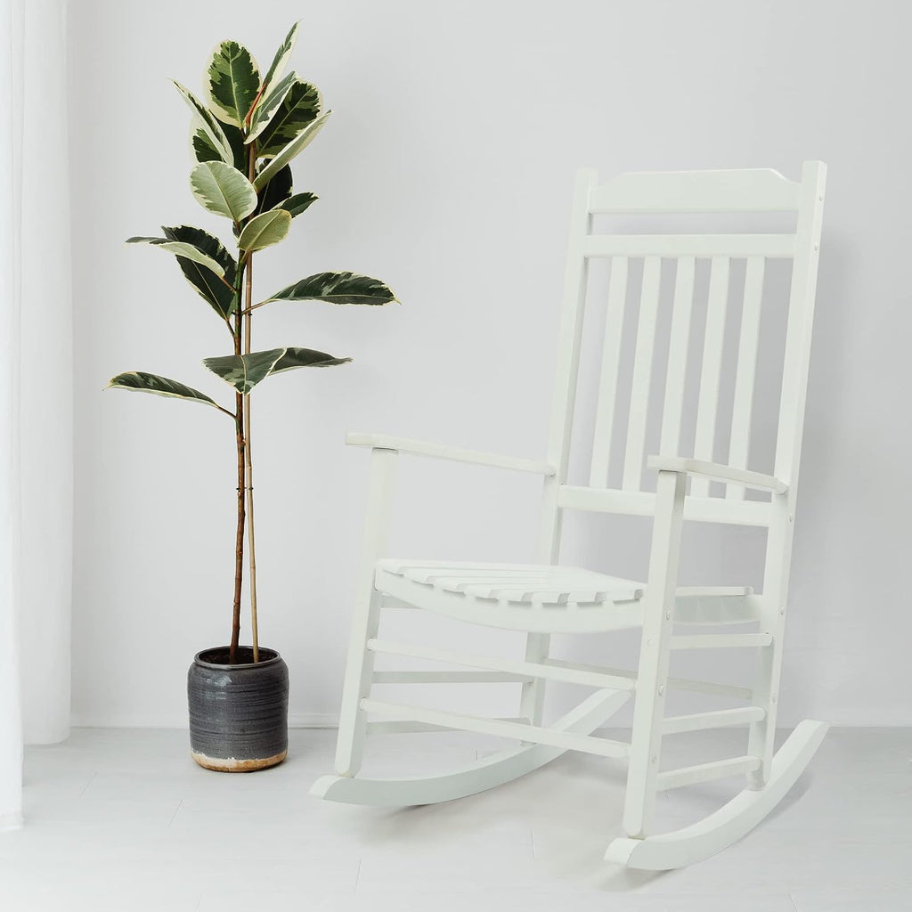 Kozyard Wooden Rocking Chair, Solid Wood Outdoor Rocker Chair with High Back & Slatted Seat, Ergonomic Porch Rocking Chair for Patio, Balcony, Garden, Indoor Outdoor Use (White)