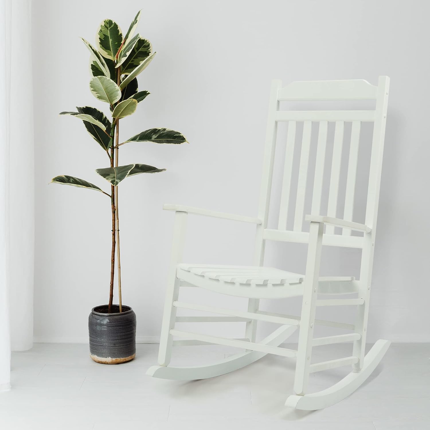 Kozyard Wooden Rocking Chair, Solid Wood Outdoor Rocker Chair with High Back & Slatted Seat, Ergonomic Porch Rocking Chair for Patio, Balcony, Garden, Indoor Outdoor Use (White)
