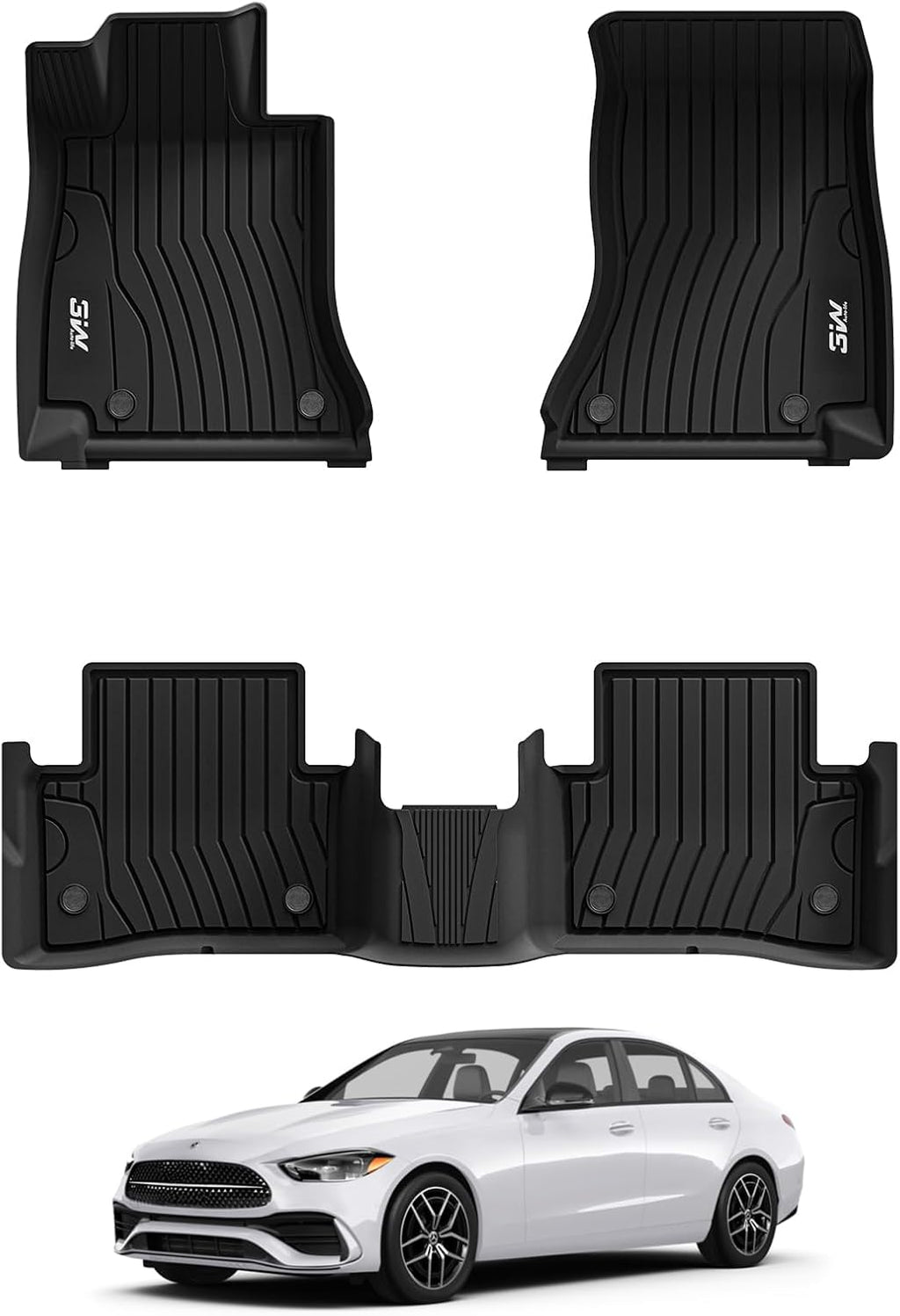 3W Floor Mats for Benz C-Class 2022-2026 C300/C43 AMG/C63 AMG S/C63 AMG S E (Sedan Only), TPE All Weather Custom Fit Floor Liner for Benz C Class, 1st & 2nd Row Car Mats, Black