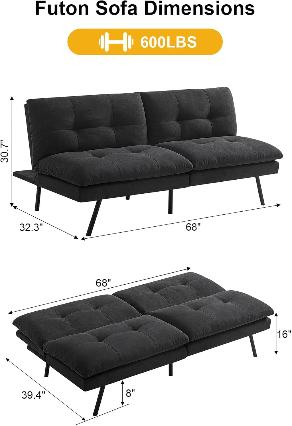 MUUEGM 68' Futon Sofa Bed,Futon Couch with Adjustable Backrest & Foldable Design,Convertible Sleeper Sofa for Small Spaces Livingroom Apartment Office(Black)