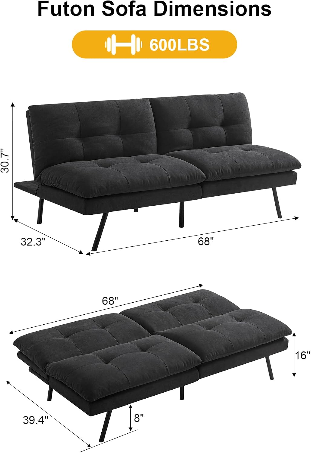 MUUEGM 68' Futon Sofa Bed,Futon Couch with Adjustable Backrest & Foldable Design,Convertible Sleeper Sofa for Small Spaces Livingroom Apartment Office(Black)