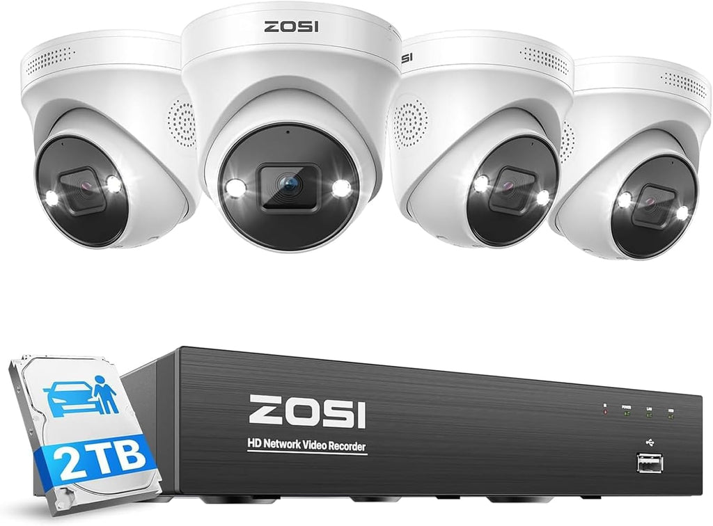 ZOSI 8CH 4K PoE Security Camera System, 2TB Hard Drive, Person Vehicle Detection,4pcs 4K Indoor Outdoor PoE IP Dome Cameras with 2 Way Audio,Color Night Vision,8 Ports 16CH 8MP NVR for 24-7 Recording