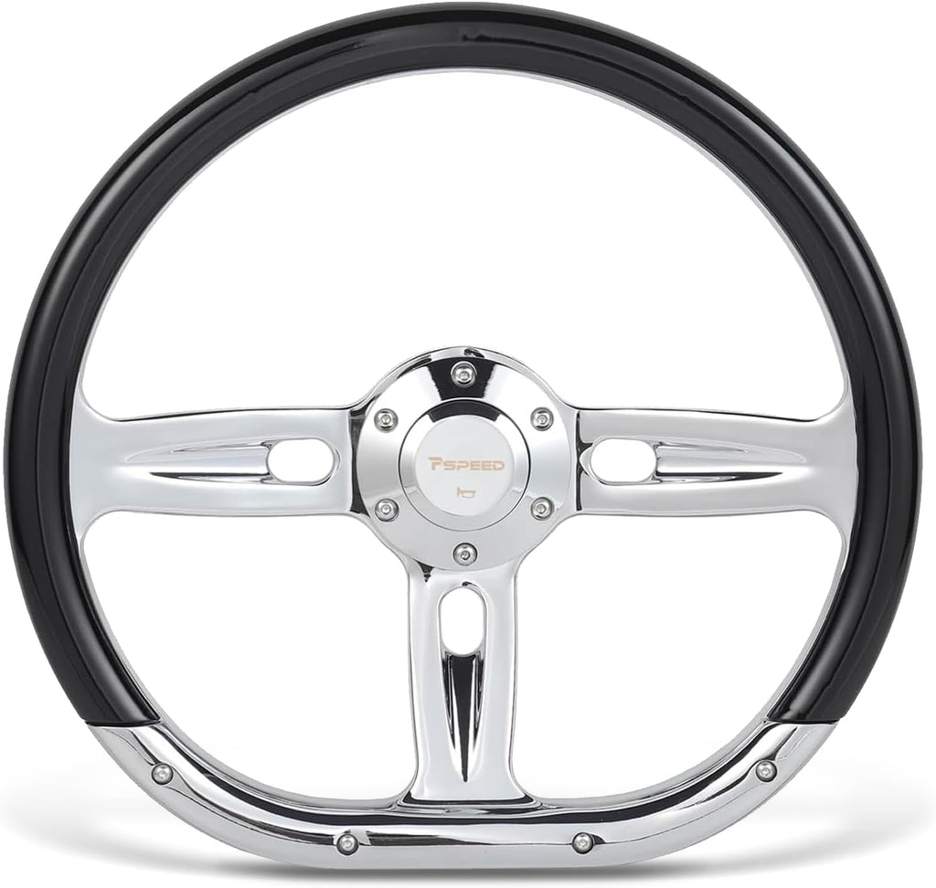 14 inch steering wheel,Classic black Grain grip 3 Spokes 6 Bolt Chrome-Plated aluminum 50mm Deep Dish with horn Fit for Cars,for Vintage Car,Classic Car,D-shaped steering wheel
