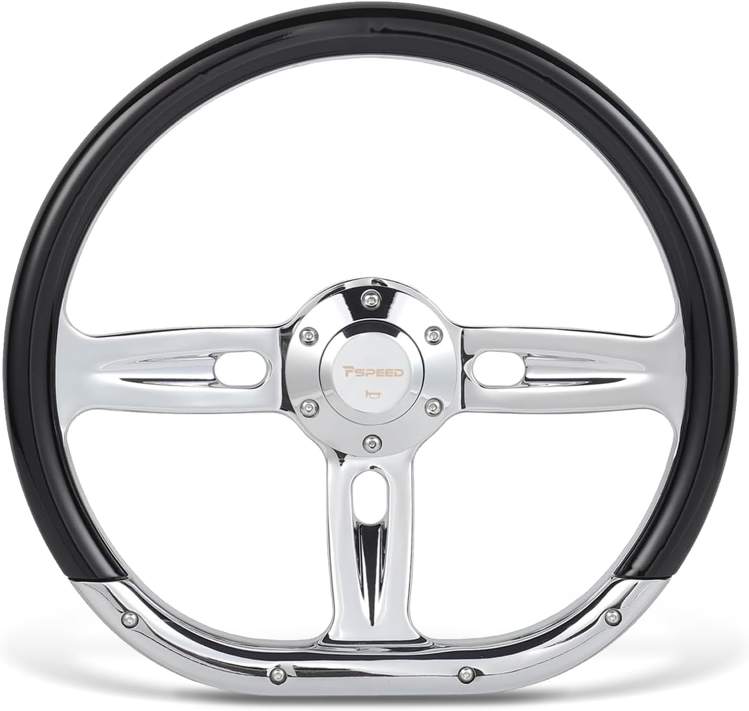 14 inch steering wheel,Classic black Grain grip 3 Spokes 6 Bolt Chrome-Plated aluminum 50mm Deep Dish with horn Fit for Cars,for Vintage Car,Classic Car,D-shaped steering wheel