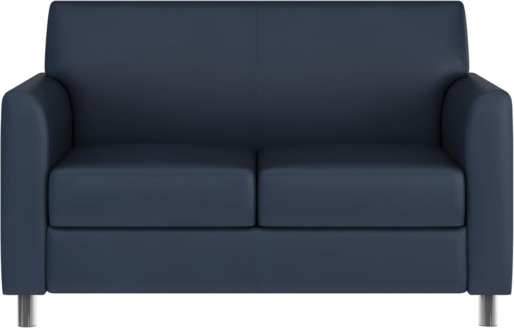 Flash Furniture Hercules Diplomat Side Reception Loveseat with Chrome Legs, Lobby Chair with Cushions and Flared Arms, Navy LeatherSoft