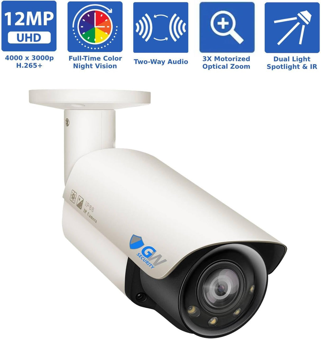 GW Security 16 Channel UltraHD 12MP 4K @ 30FPS Realtime 3X Motorized Zoom PoE Security Camera System with 12 x 12MP IP Two-Way Audio Full-Time Color Night Vision Outdoor/Indoor Smart AI Bullet Cameras
