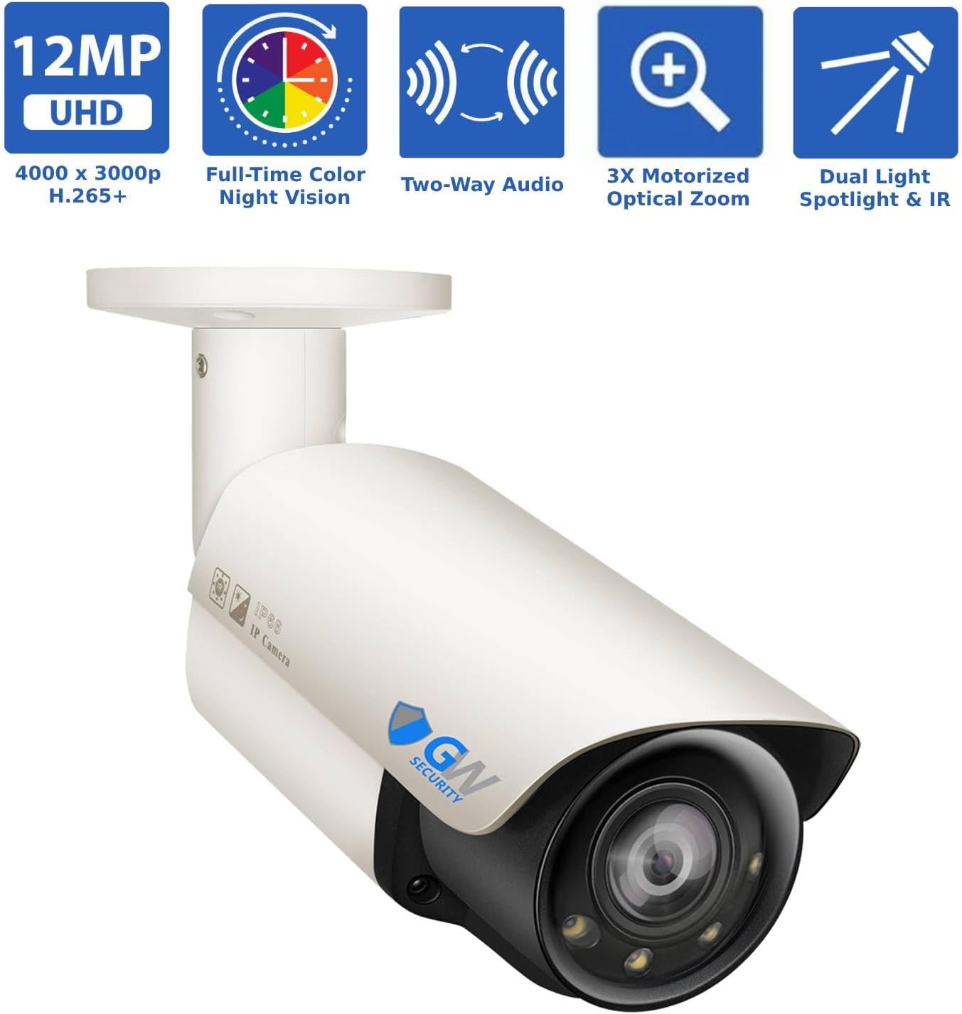 GW Security 16 Channel UltraHD 12MP 4K @ 30FPS Realtime 3X Motorized Zoom PoE Security Camera System with 12 x 12MP IP Two-Way Audio Full-Time Color Night Vision Outdoor/Indoor Smart AI Bullet Cameras
