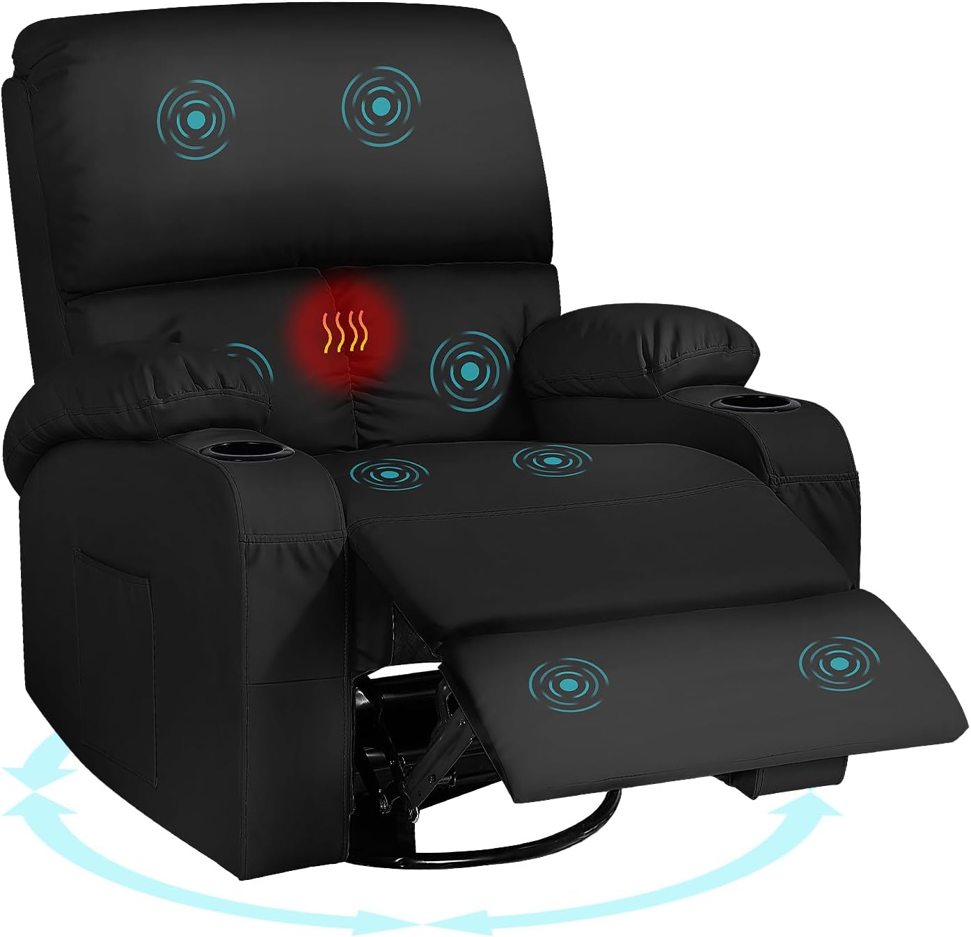 LEVELEVE Rocking Recliner Chair, Massage Rocker Recliner Chair with Vibration Massage and Heat, 360° Swivel Faux Leather Chairs, Living Room, Bedroom, Nursery, RV, Black